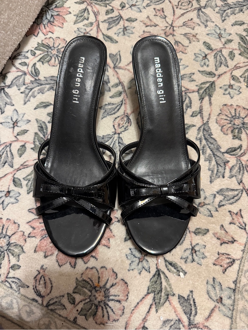 Madden Girl Black Patent Bow Slide Mules with Strappy Upper